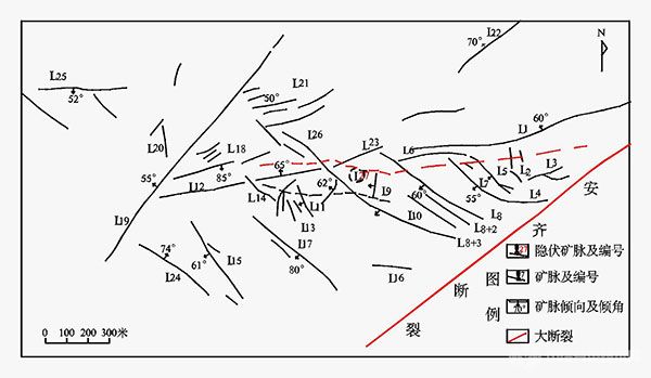 哈圖金礦地表、隱伏礦脈分布圖