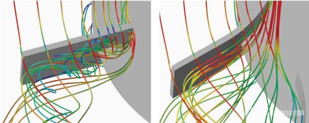 標(biāo)準(zhǔn)平葉渦輪槳(左)和Ekato EPOX-R攪拌器流體模式的CFD(計(jì)算流體動(dòng)力學(xué))模擬