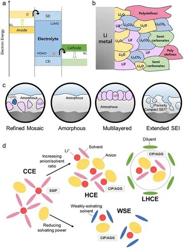 負(fù)極、電解液和正極及產(chǎn)生SEI和CEI的相應(yīng)電子轉(zhuǎn)移過程